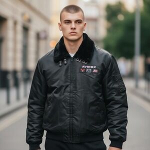 VTG Avirex Mens Flight Jacket Black Faux Fur Collar Bomber Patch 3XL NWT